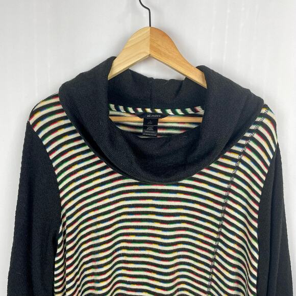 Ali Miles Tunic Sweater Size L Black Rainbow Multi Striped Cowl Neck Pullover - Picture 3 of 11